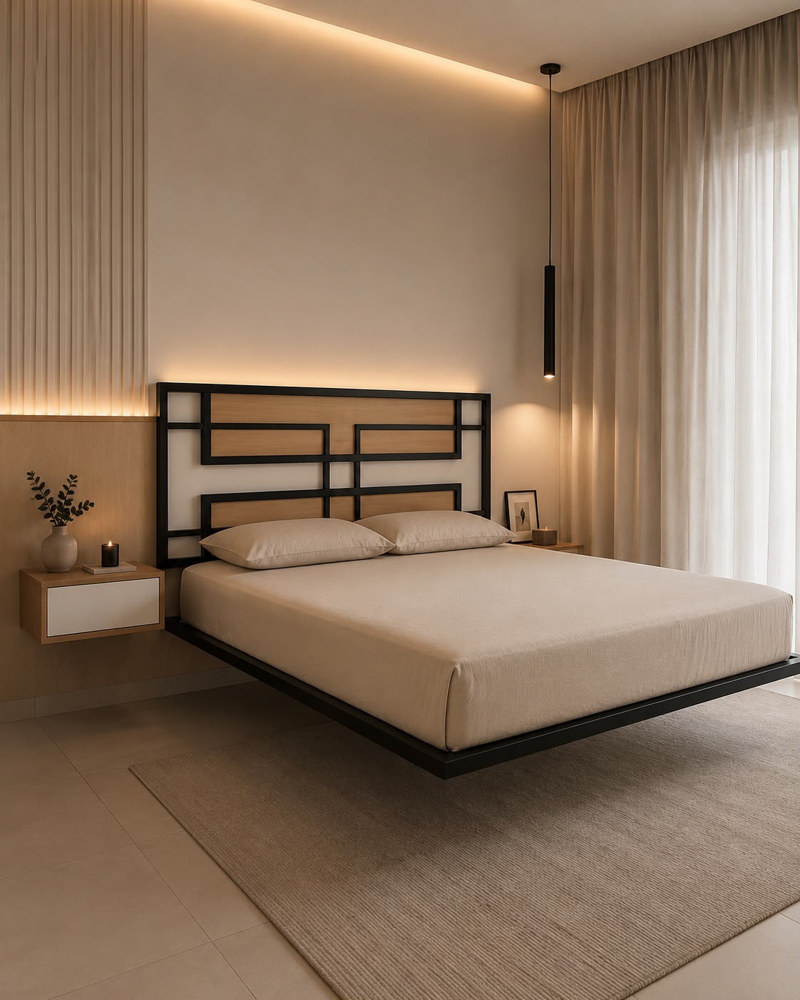 Cama com estrutura metálica preta em ambiente decorado